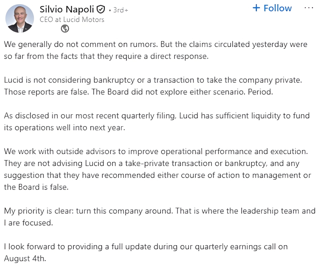 A Bankruptcy Rumor Halved Lucid’s Stock. CEO’s Denial Sent It Up 29%