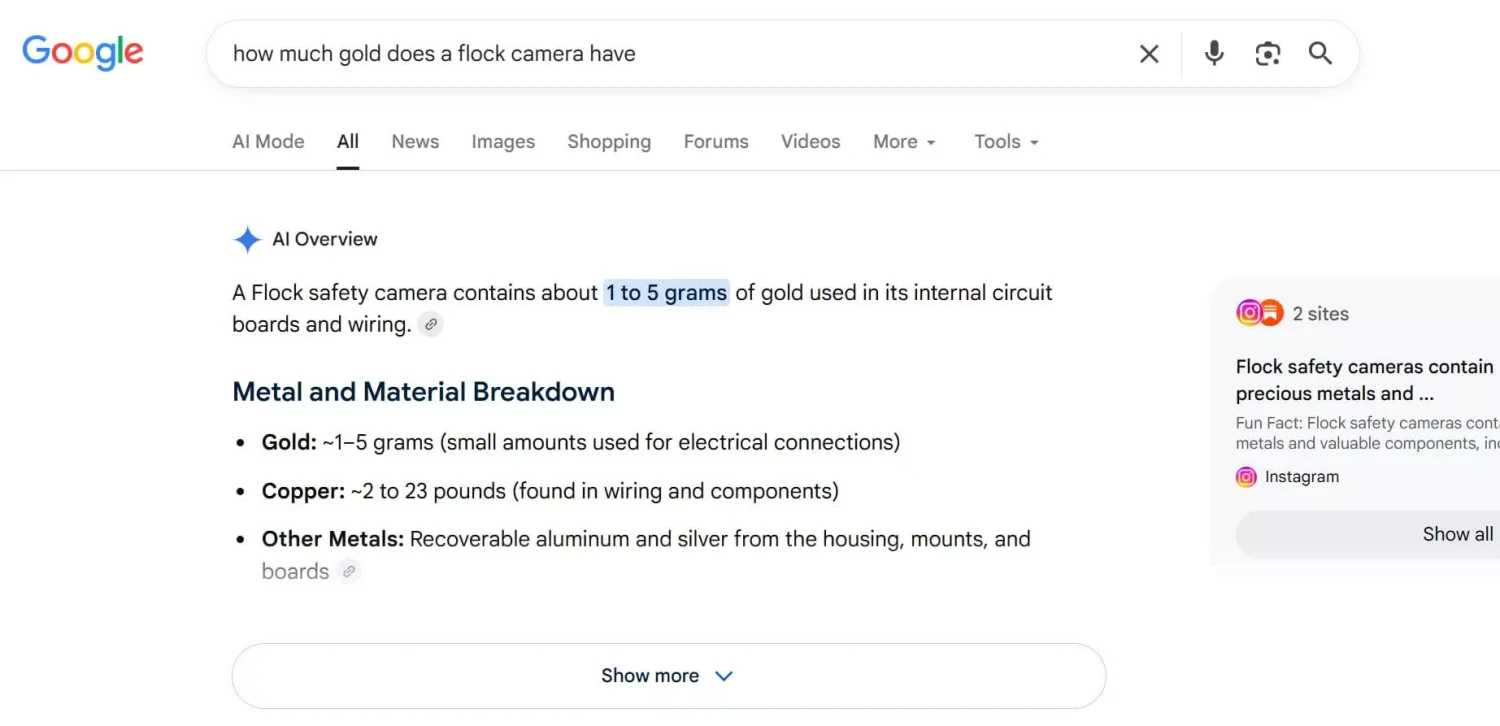 Google’s AI Told People Flock Cameras Are Stuffed With Gold. They Aren’t