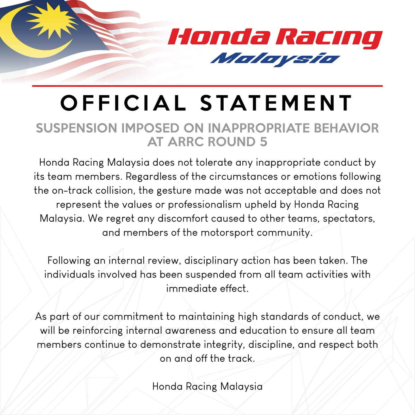 Hafizh, Zahqwan Incident – JDT Racing Team and Honda Racing Close Ranks