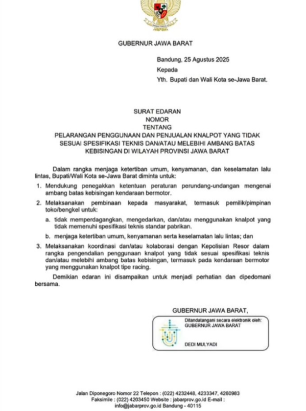 Gubernur Dedi Mulyadi Resmi Larang Knalpot Brong di Jawa Barat, Berlaku hingga RT dan RW