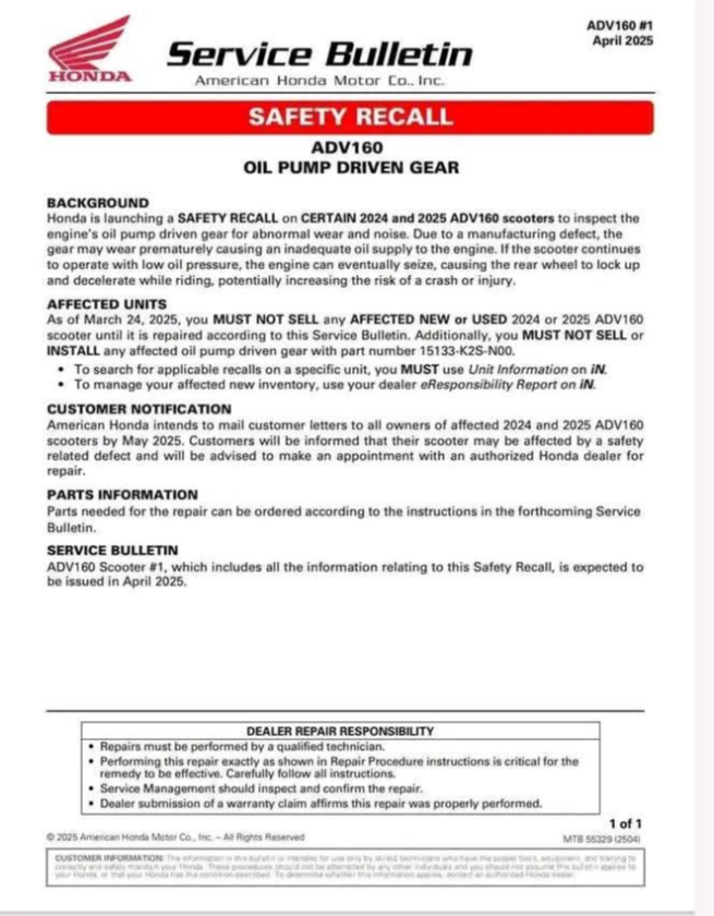 Akhirnya, 165 Unit Honda ADV160 Direcall Karena Membahayakan Pengendara