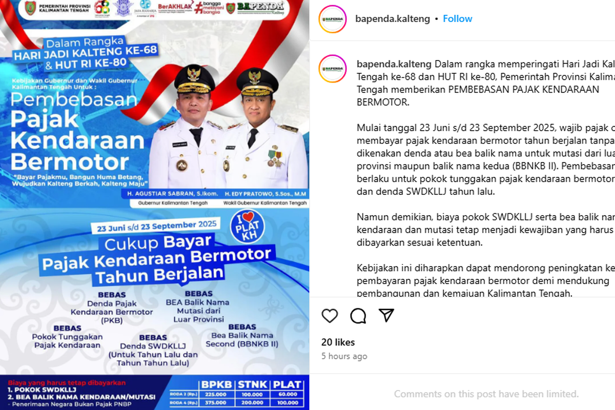 Kalteng Berlakukan Pemutihan Pajak Kendaraan Mulai 23 Juni 2025