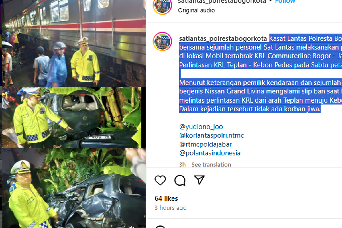 Peyebab Nissan Grand Livina Tertabrak KRL di Bogor, Ban Mobil Selip Saat Melintas Rel