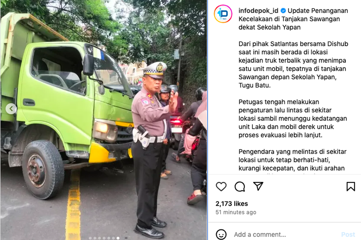 Truk Terbalik Karena Gagal Nanjak, Jalan Sawangan Macet