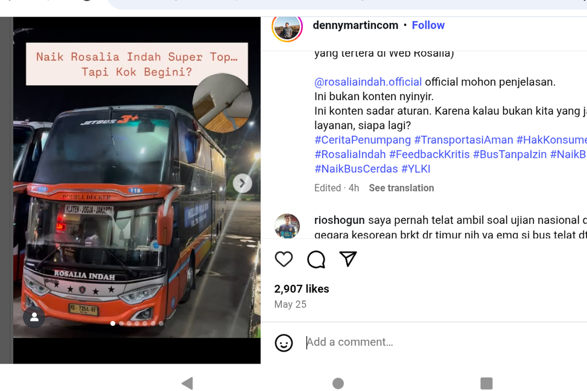 Cerita Penumpang Bus Rosalia Indah Keluhkan Kecoa dan Izin Bus
