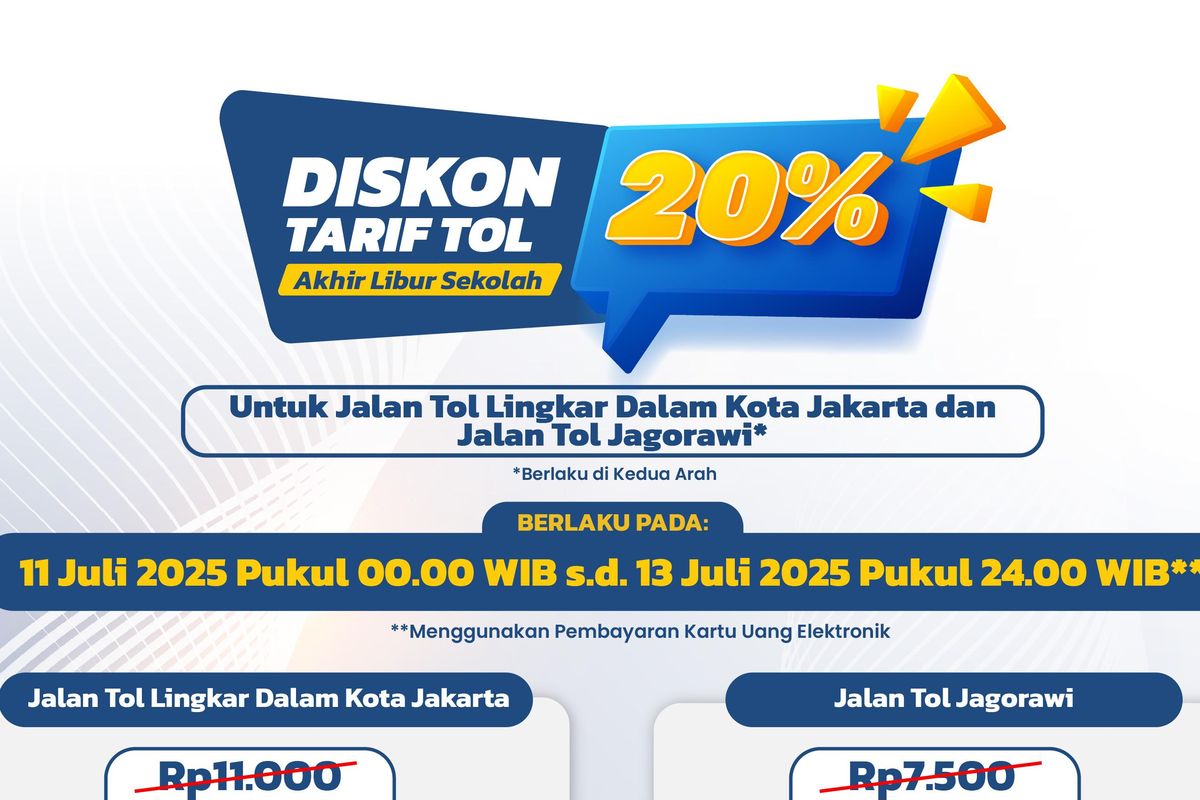 Berlaku 3 Hari, Cek Rincian Diskon Tarif Tol Jagorawi dan Dalam Kota