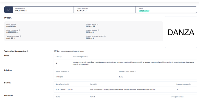 Kalah Sengketa Merek Denza, BYD Daftarkan Nama Danza di Indonesia