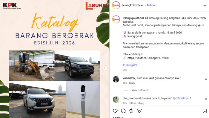 KPK Lelang Barang Terpidana, Ada Kijang Innova-Pajero Sport