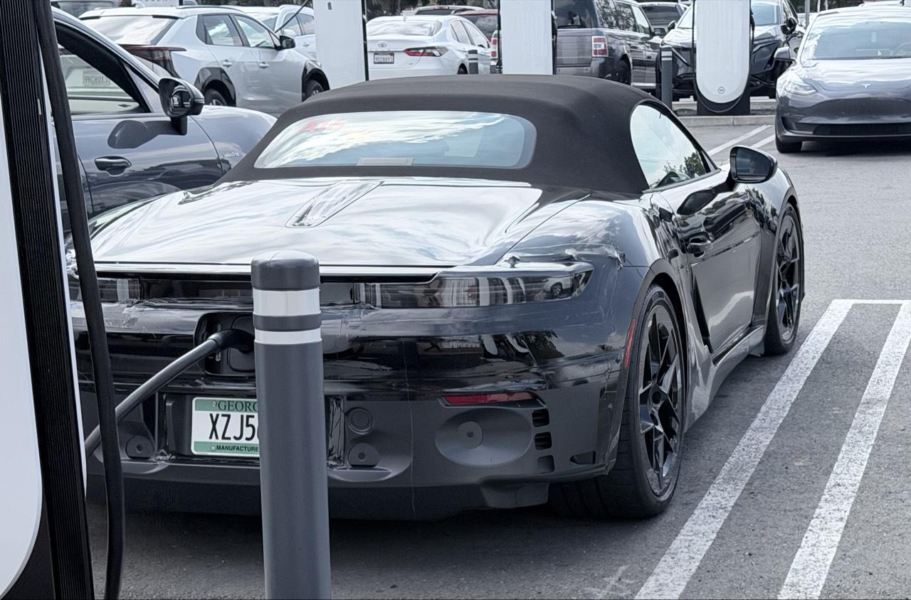 Electric Porsche Boxster spotted plugged in at Tesla Supercharger in California