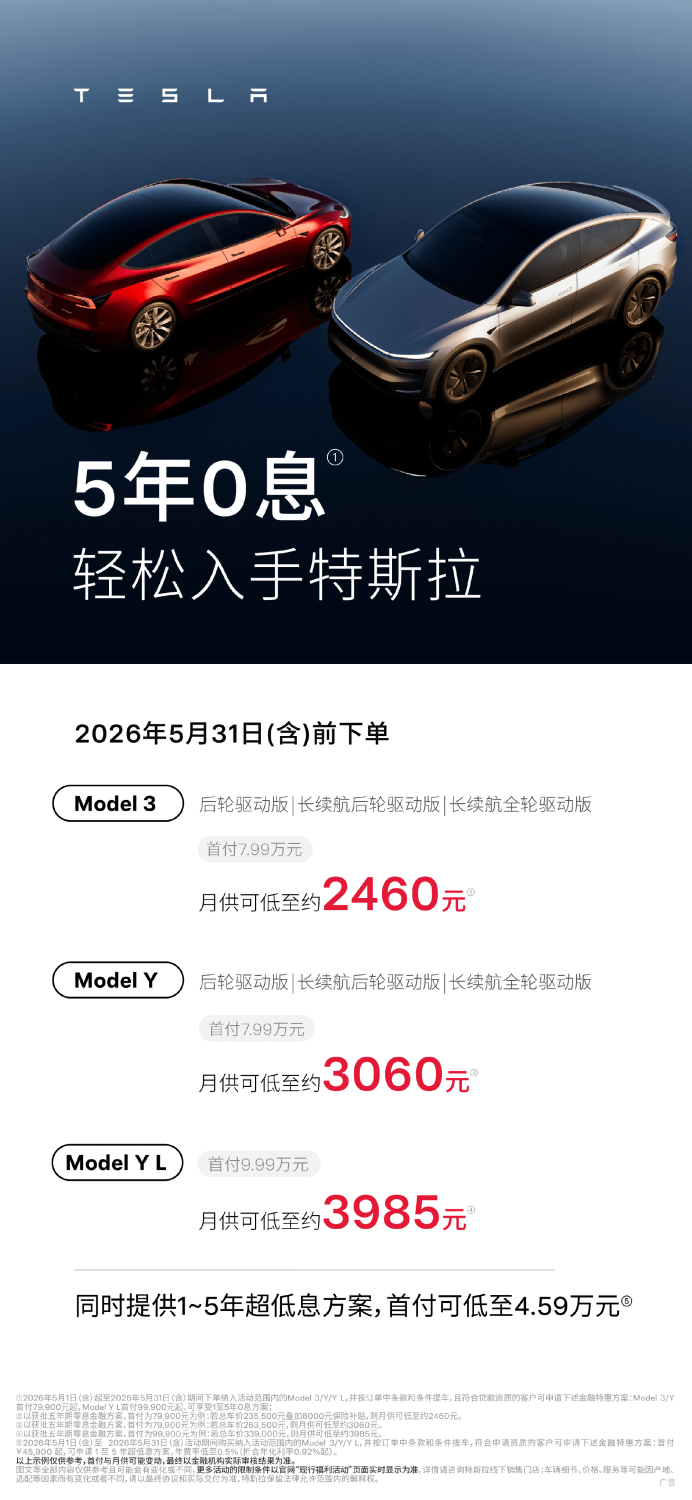 Tesla Drops 7-Year Loan Plan, Rolls Out 5-Year Interest-Free Financing