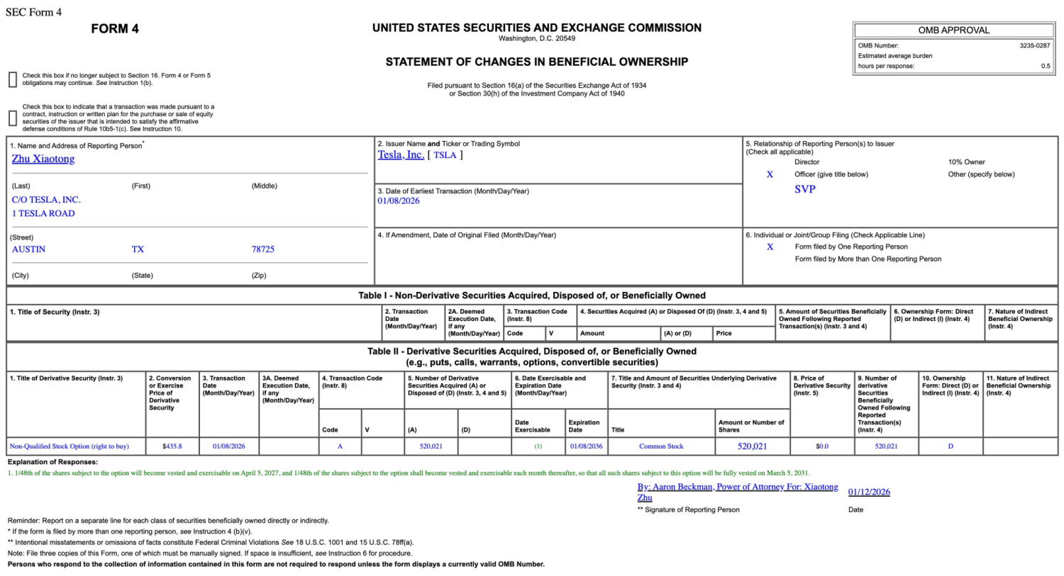 Tesla Renews Five-Year Deal With Auto Chief Tom Zhu, Grants 520,000 RSUs