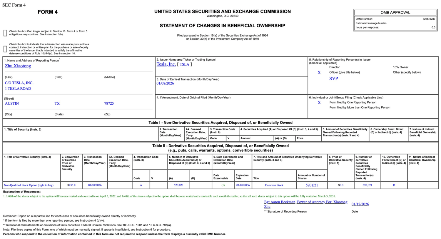 Tesla Renews Five-Year Deal With Auto Chief Tom Zhu, Grants 520,000 RSUs