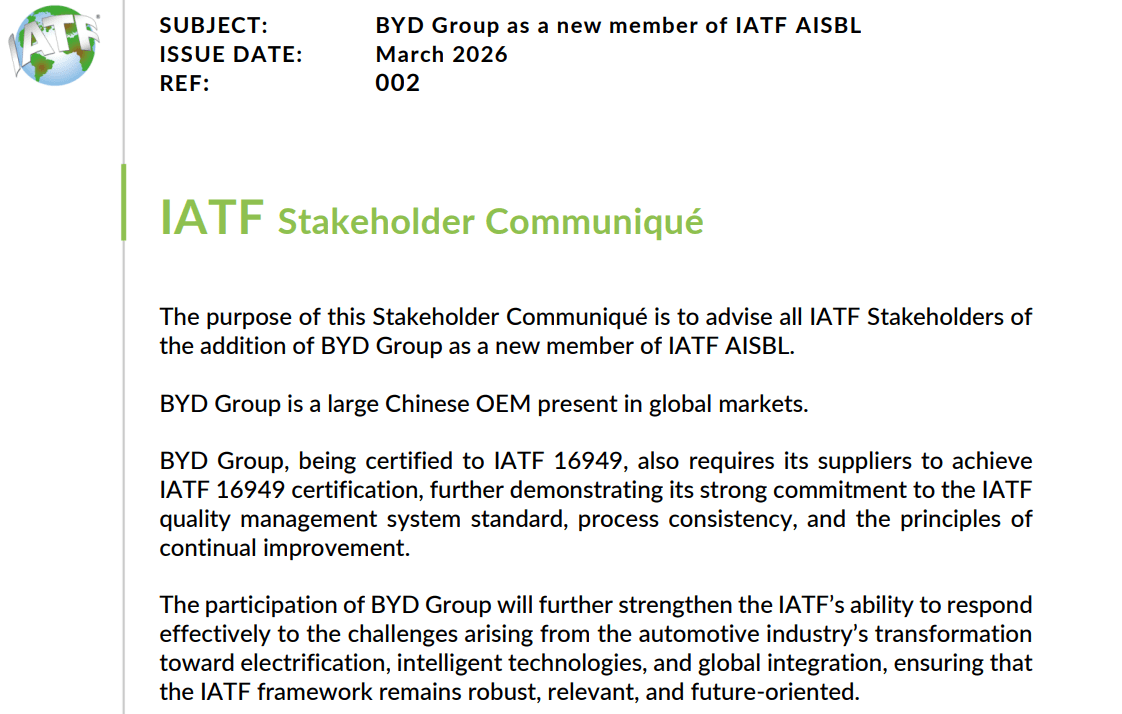 BYD Becomes Second Chinese Carmaker to Join IATF After Geely