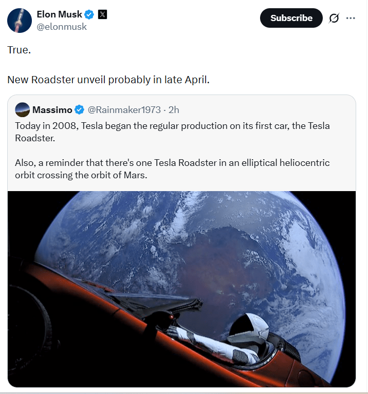 Tesla Pushes Back Next-Gen Roadster Launch Again to Late April