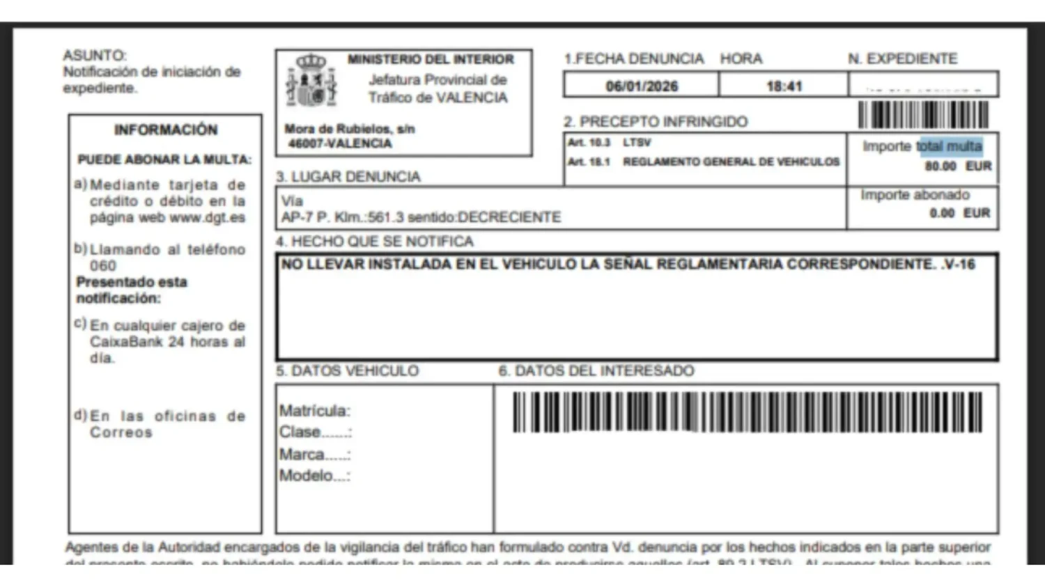 Multado con 80 euros y tenemos la prueba. A pesar del periodo de gracia, la Guardia Civil ya ha comenzado a multar por no llevar baliza V16
