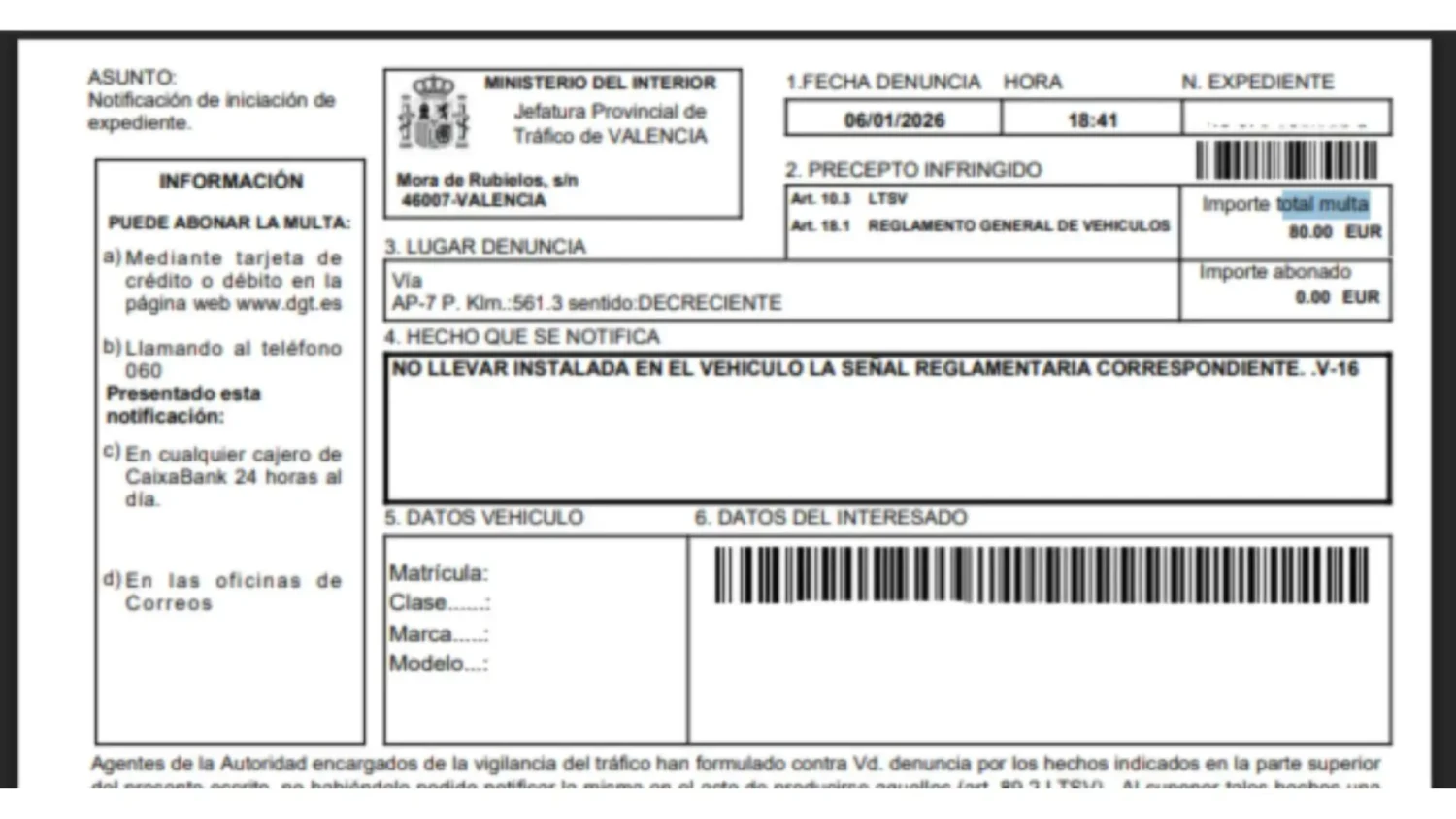 Multado con 80 euros y tenemos la prueba. A pesar del periodo de gracia, la Guardia Civil ya ha comenzado a multar por no llevar baliza V16