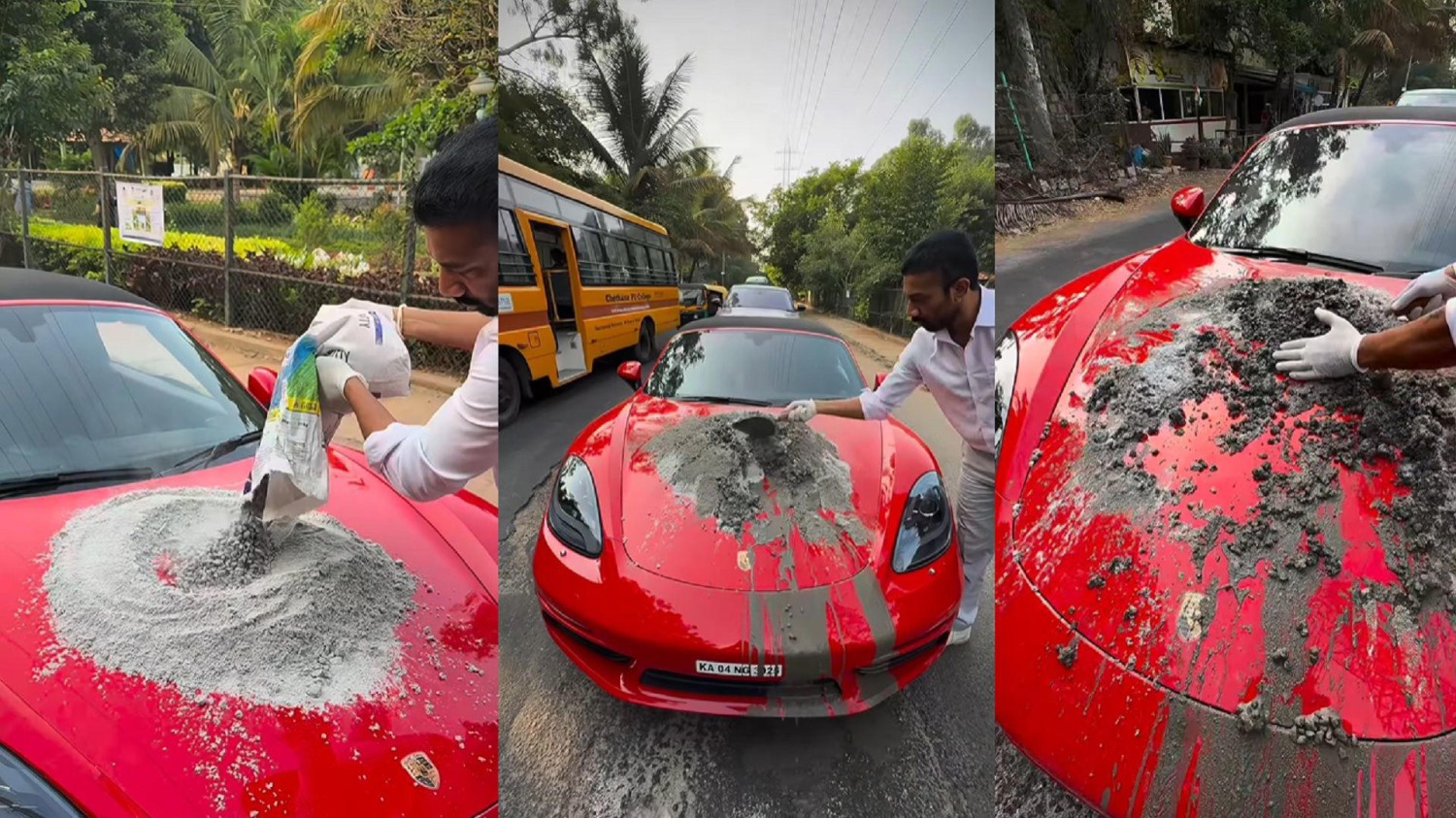 Indian man mixes concrete on the hood of his Porsche because he is fed up