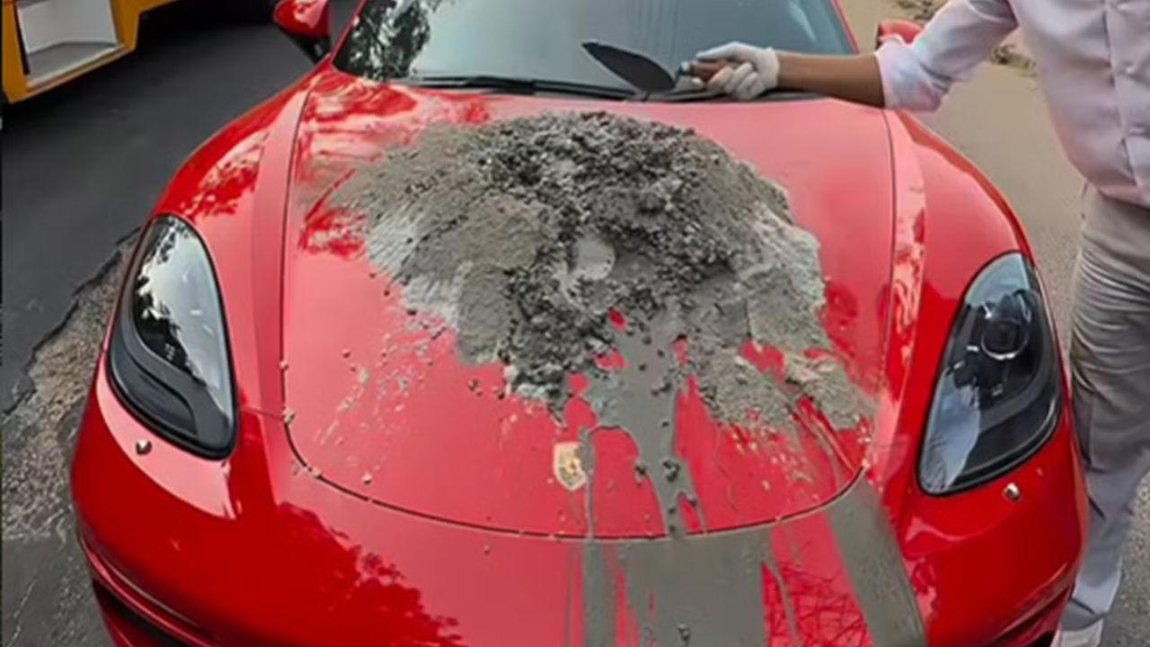 Porsche, Man mixes concrete on a Porsche Boxster hood to show off PPF durability