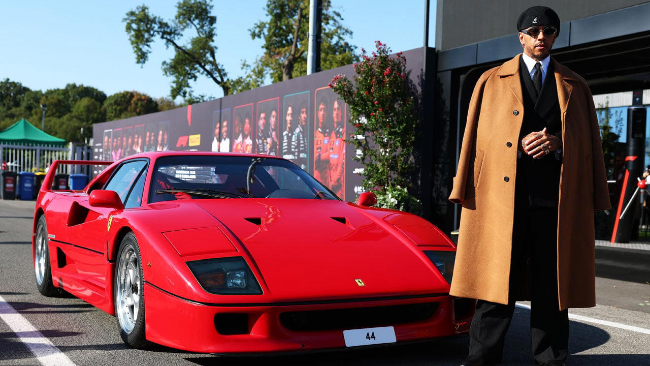 F1 champion Lewis Hamilton makes a stylish arrival for day 1 of the 2026 Italian Grand Prix weekend