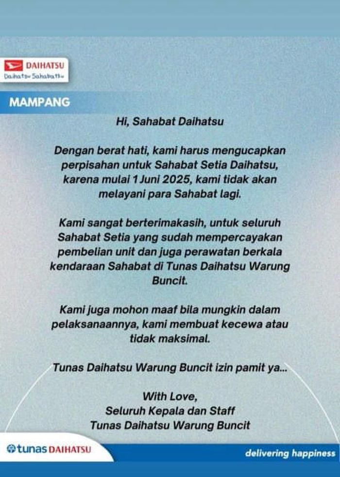 Dealer Tunas Daihatsu Warung Buncit Pamit, Sampaikan Hal Ini