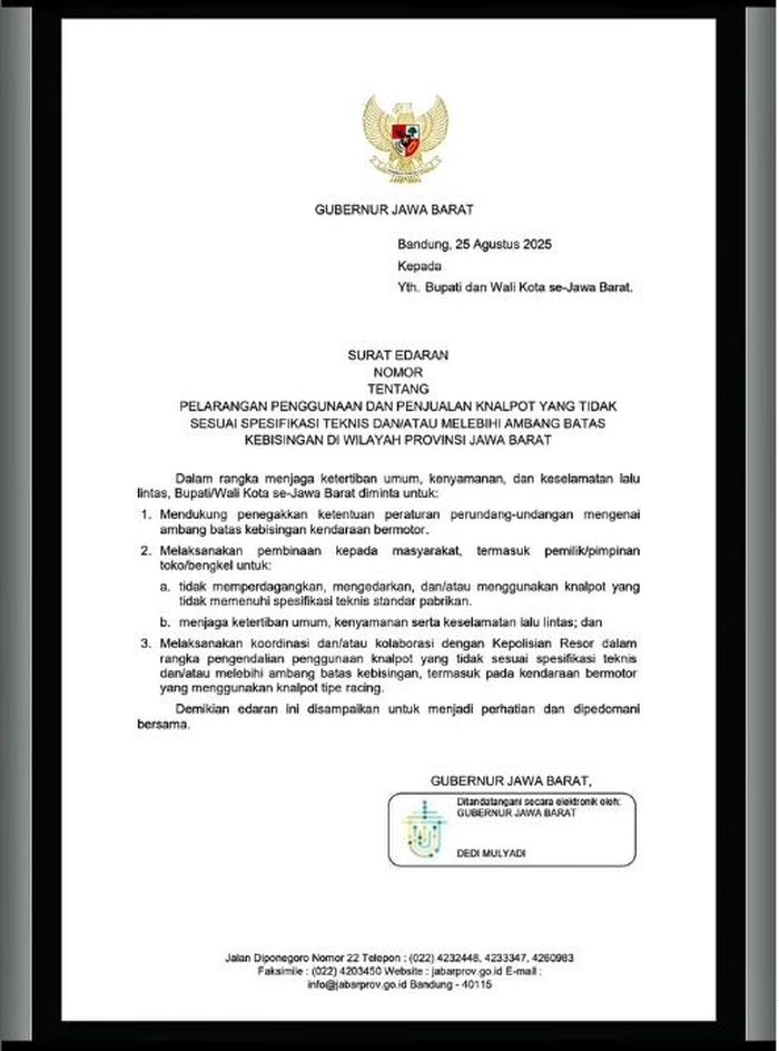 Dedi Mulyadi Bikin Gebrakan Baru, Terbitkan SE Dilarang Jual dan Pakai Knalpot Racing