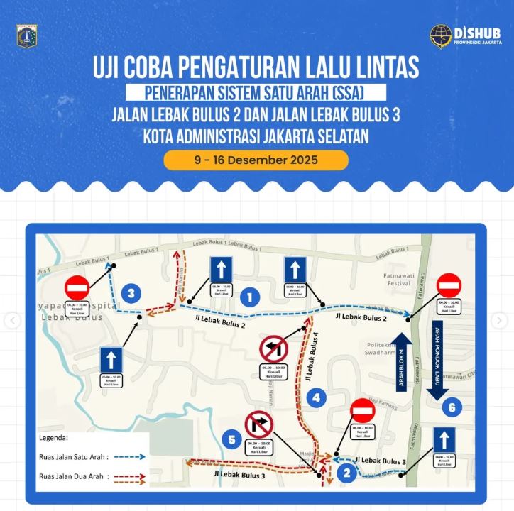 Awas Keliru, Jalan di Wilayah Lebak Bulus Jakarta Selatan Mulai Uji Coba Sistem Satu Arah