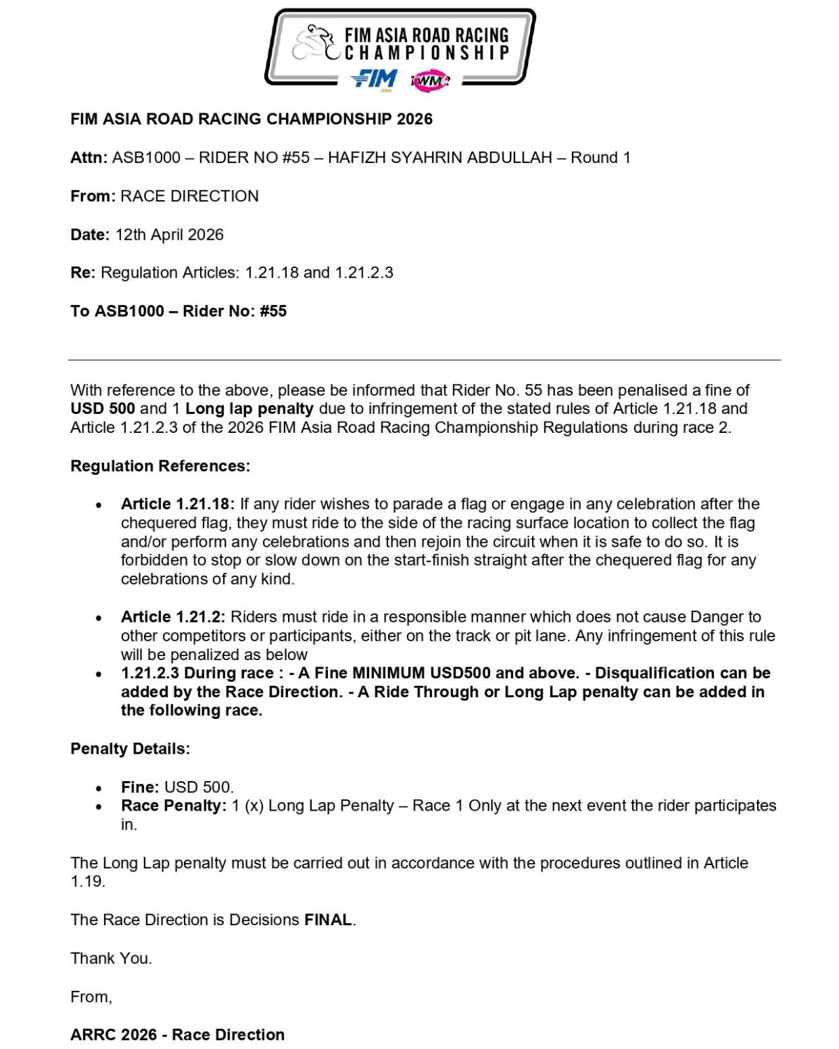 Selebrasi Hafizh Syahrin di ARRC Nyaris Jadi Tragedi, Race Director Turun Tangan