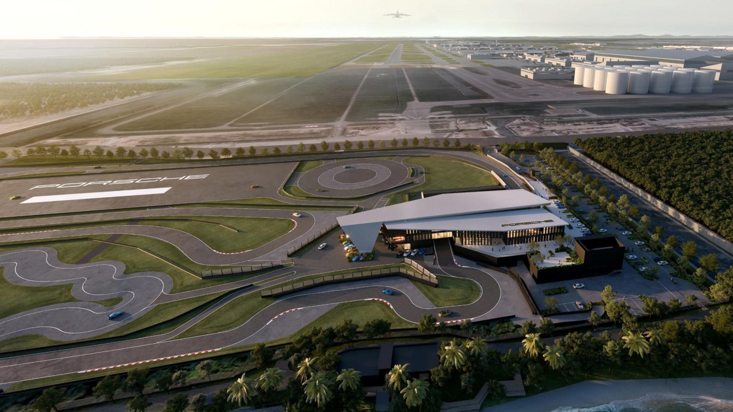 Porsche Experience Centre Singapore shows tight circuit, drift circle, Yas Marina-style flyover building