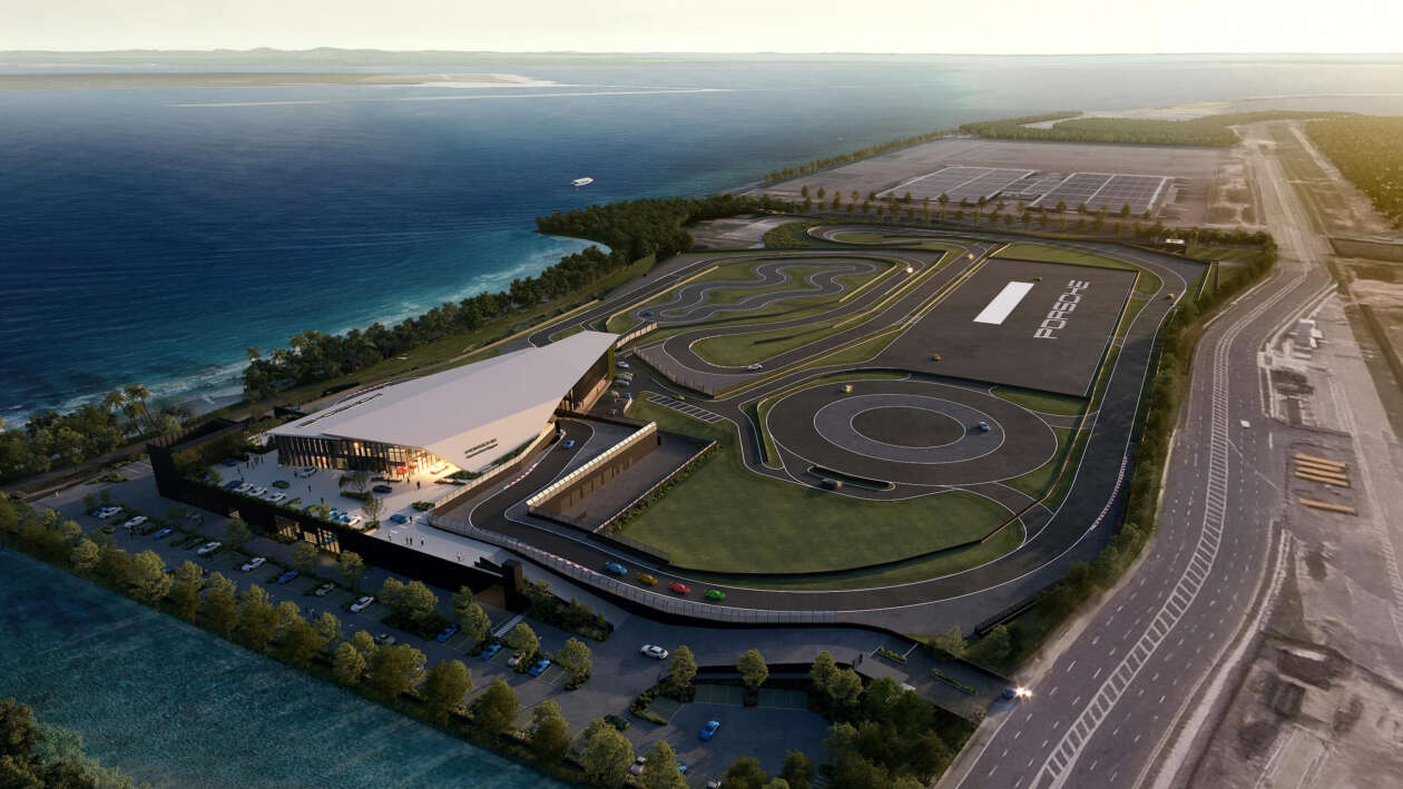 Porsche Experience Centre Singapore shows tight circuit, drift circle, Yas Marina-style flyover building