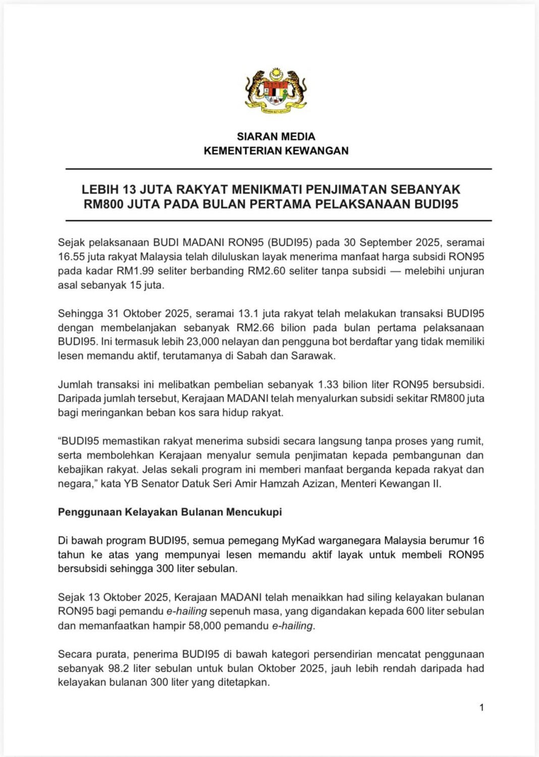 Budi95 first month – over 13m users, RM800m in subsidies paid, 0.6% of drivers exceeded 300L limit