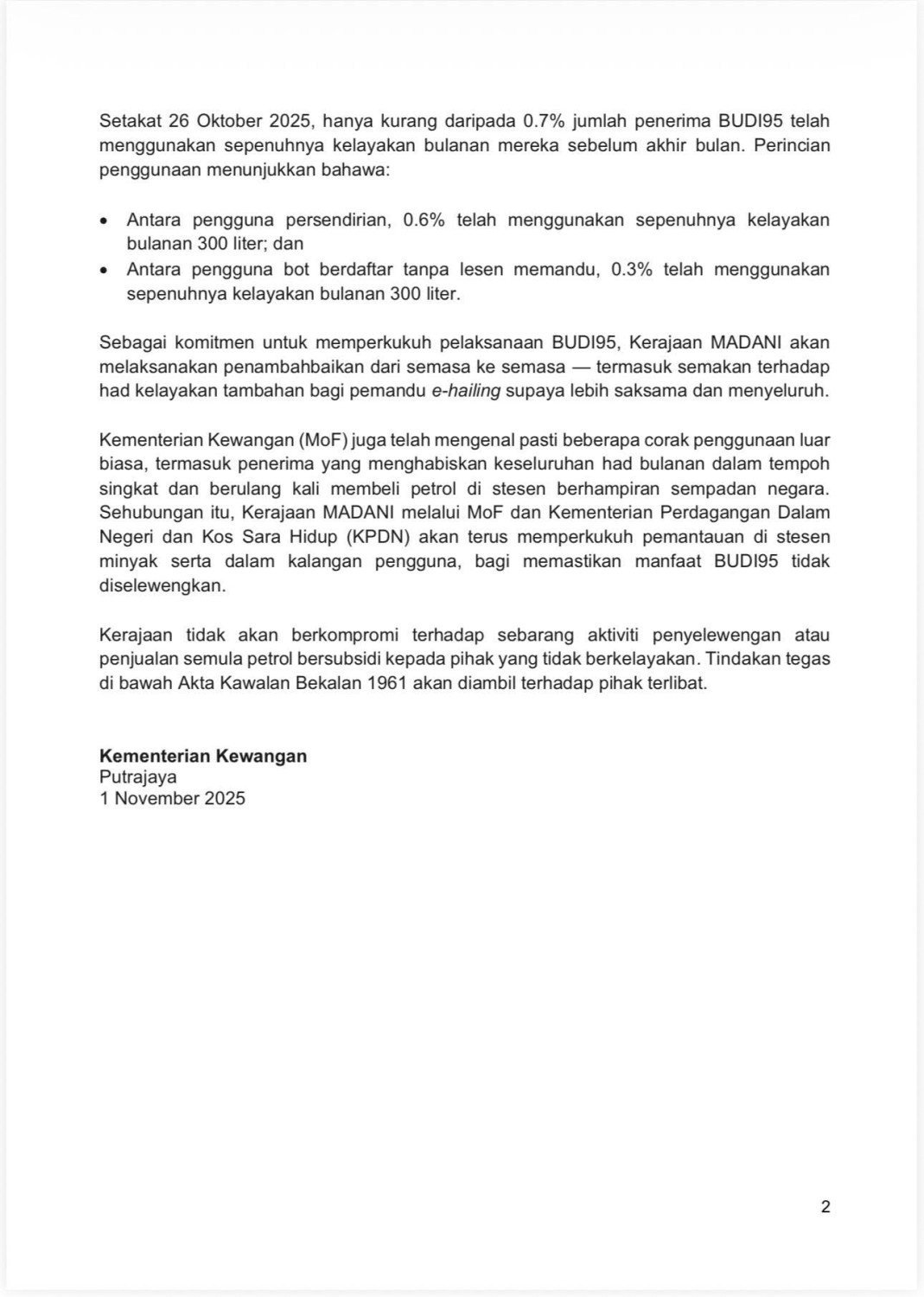 Budi95 first month – over 13m users, RM800m in subsidies paid, 0.6% of drivers exceeded 300L limit