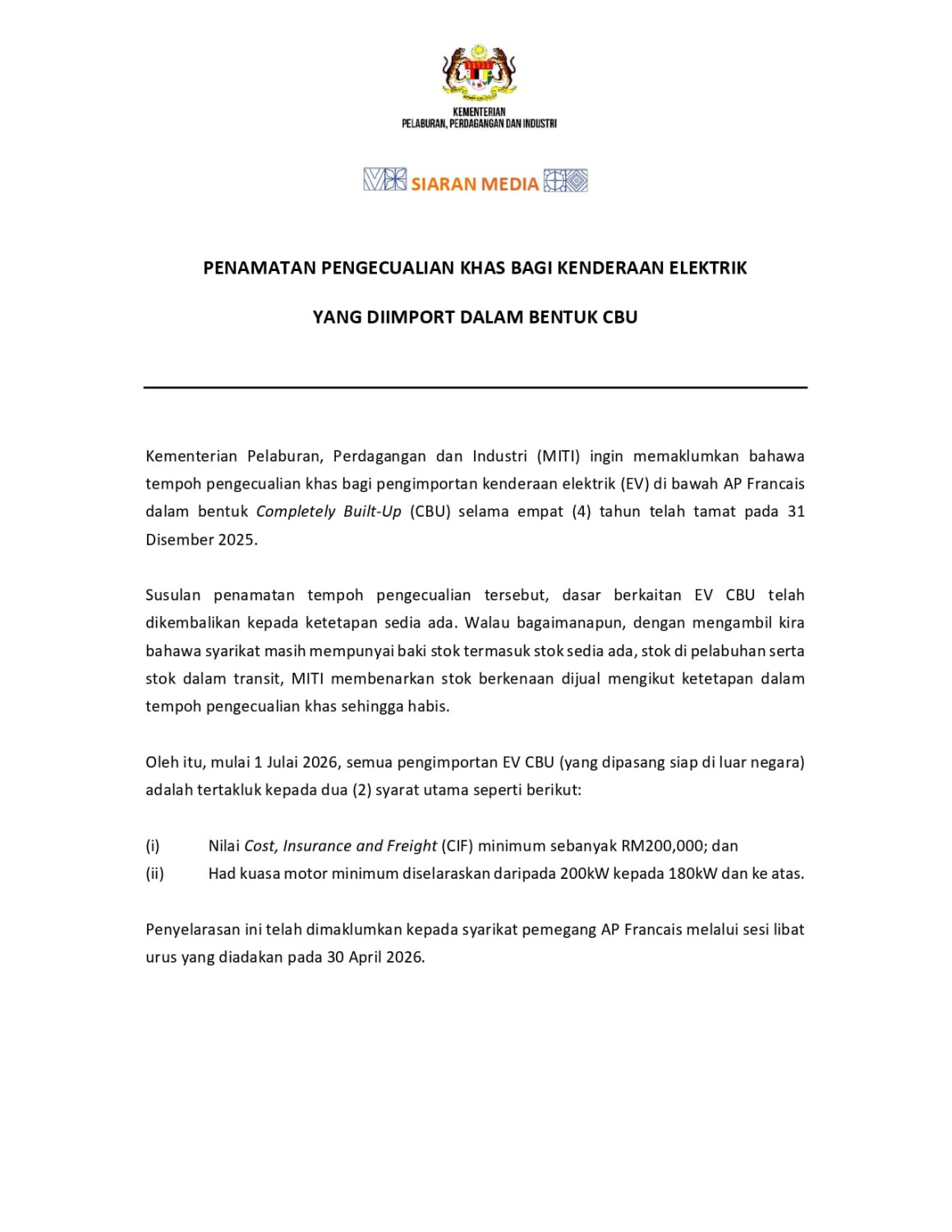 MITI confirms changes to CBU EV policy, minimum CIF value of RM200k, at least 245 PS, effective July 1, 2026