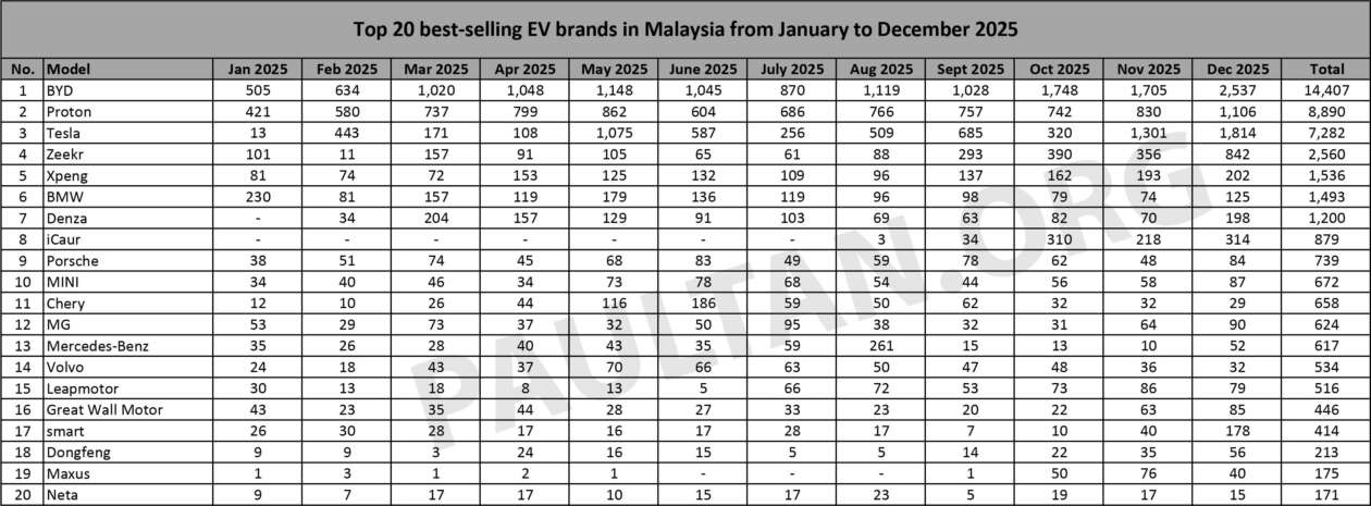 Top 20 EV brands in 2025 – BYD 1st with 14k; Proton under 9k; Tesla close 3rd; Zeekr beats Xpeng, Denza