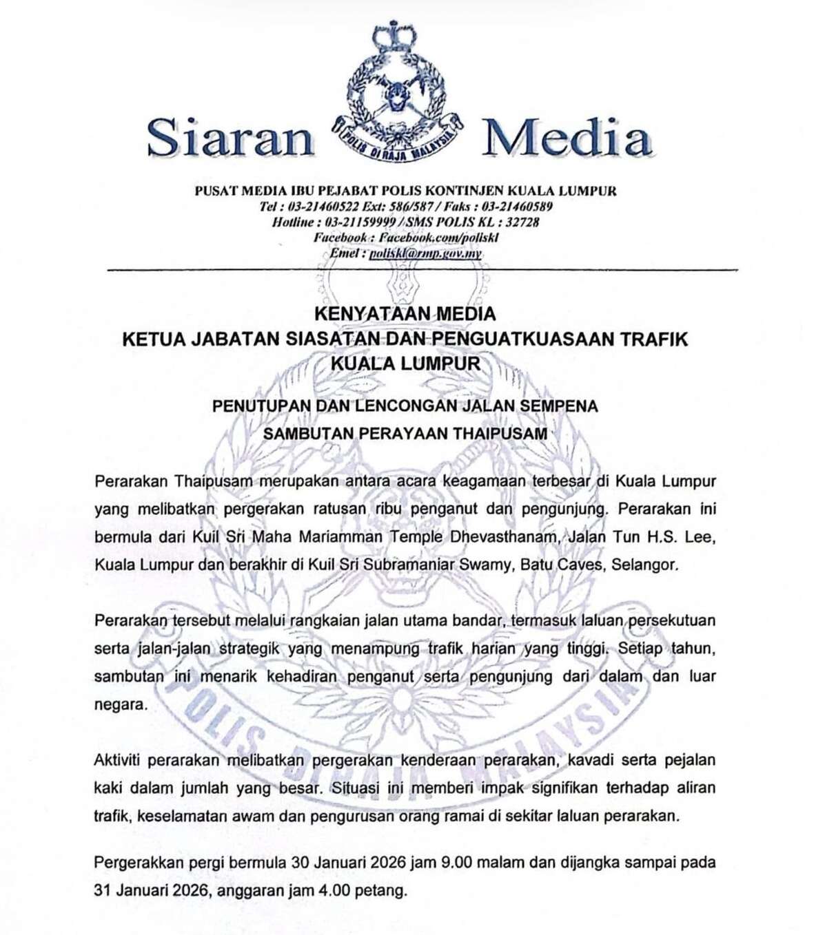 Traffic police announce road closures for Thaipusam in Kuala Lumpur – Jan 30-31 and Feb 2-3