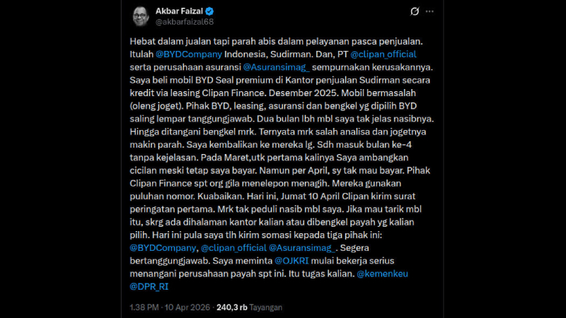 BYD, Mobil Listrik BYD Akbar Faizal Bermasalah, Aftersales Dipertanyakan