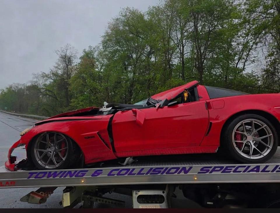 Driver Survives Horrific Corvette Crash After Car Slides Under Guardrail