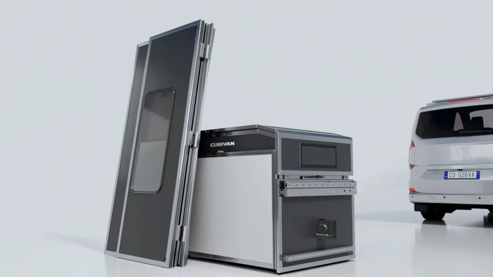Foldable and modular, the Cubivan camping system turns your van into a full camper with kitchen