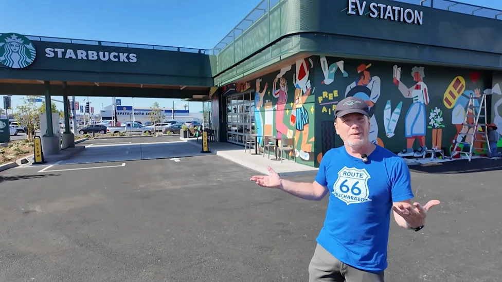 Ford, In California, a Ford dealer turns an old building into a coffee shop and EV charging stop