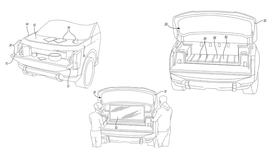 The ultimate temptation to switch to an EV truck: what if it had a 'frunk' with a TV in for tailgating parties? Ford submitted a patent for this idea — could we see it on the upcoming Fathom electric pickup?