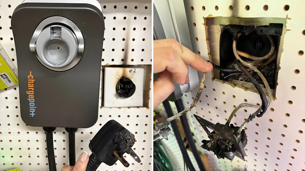 Electrician inspects melted EV charger outlet, says cheap 50-amp receptacles take the blame