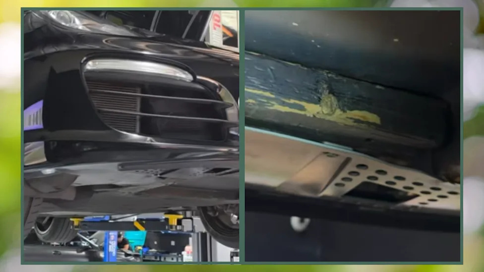Porsche, Mechanic Looks Under a Porsche and Finds Something That Belongs at Home Depot
