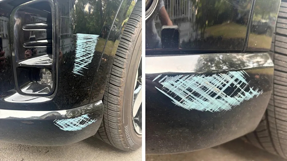 Car Owner Asks What Caused Strange Crosshatched Blue Marks on Bumper and Fender, Reddit Points to Culprit Who Hit Twice