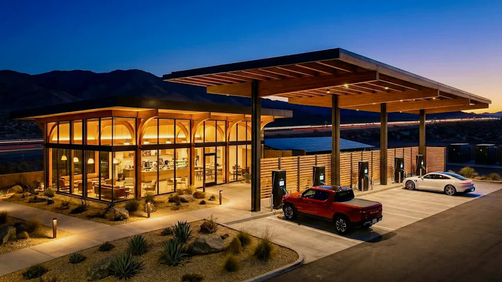 In Missouri, a new EV charging concept pairs covered stalls, indoor lounges, and lodging