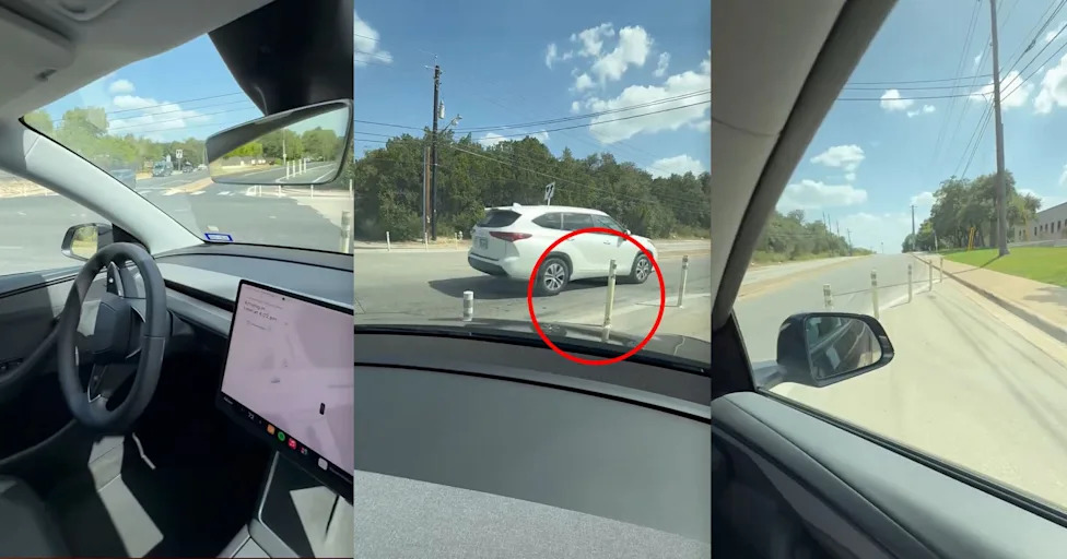 Tesla, Robotaxi, Tesla Robotaxi With No Driver Spotted Smashing Through Traffic Barriers
