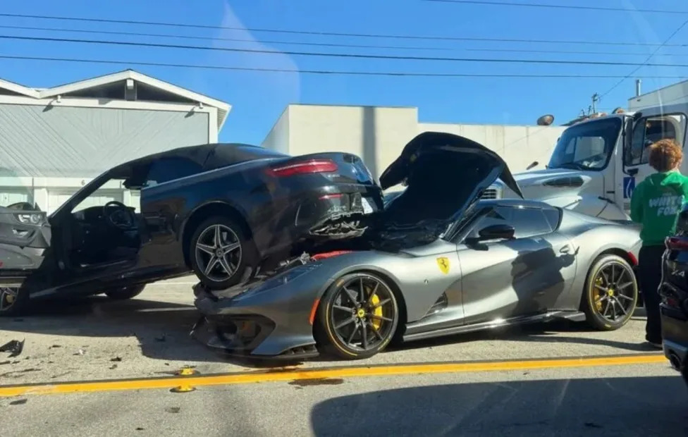 Ferrari, SuperCar, Mercedes, $2.5 Million Ferrari Disaster on PCH Leaves Rare V12 Supercar Crushed Under Mercedes in Malibu