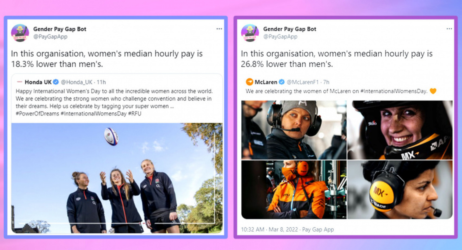 autos, cars, honda, mclaren, news, offbeat news, reports, twitter bot calls out honda uk and mclaren over gender pay gaps on international women’s day
