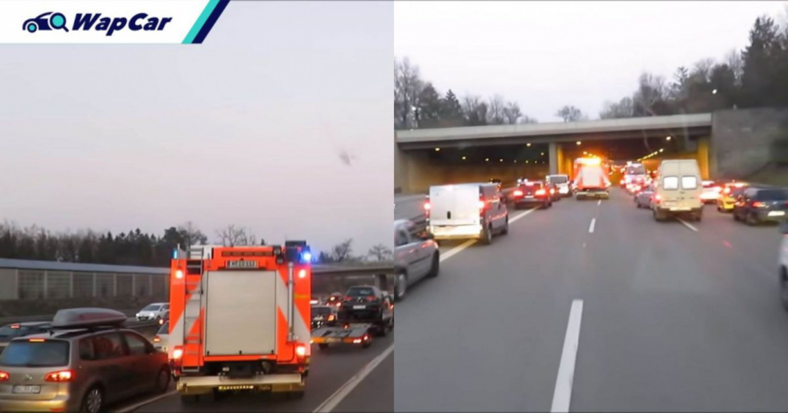 autos, cars, all 3 lanes jammed, but watch how fast these fire trucks move – rettungsgasse is unique to germany and austria