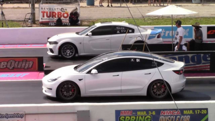tesla model 3 drag races charger hellcat, mustang in close battles