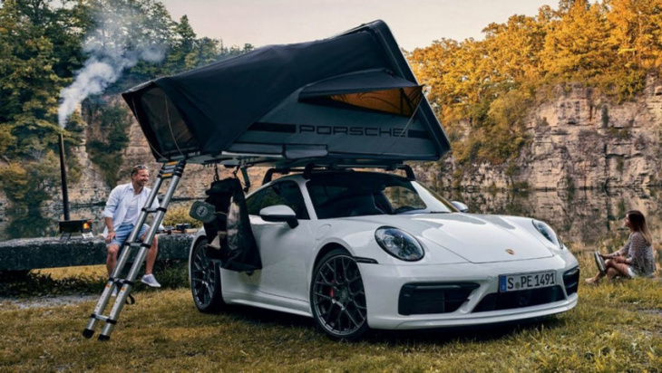 take your supercar camping! porsche unveils rooftop tent for 911, taycan, macan, cayenne, and panamera