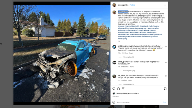 instagrammer claims haters burned down his stanced rx-8. internet commenters have doubts